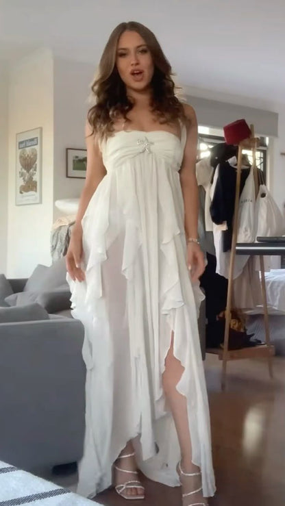 Robe de bal bustier simple en mousseline de soie blanche, robes de soirée sans manches P267