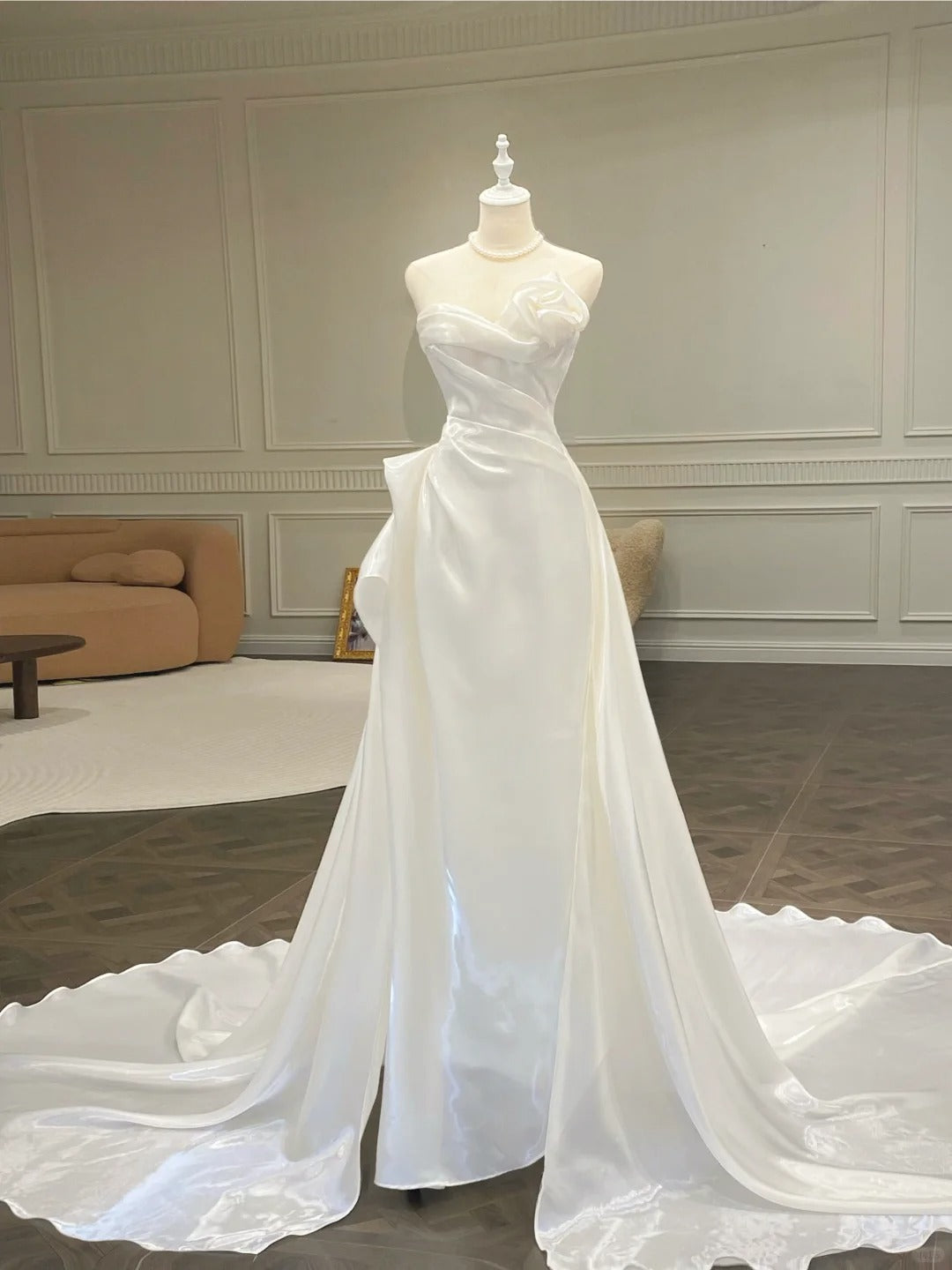 Elegant White Mermaid Strapless Satin Wedding Dress with Train P4089