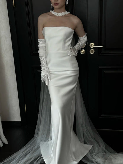 Simple White Strapless Mermaid Satin Long Wedding Dress P4890