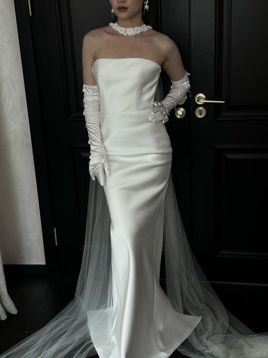 Simple White Strapless Mermaid Satin Long Wedding Dress P4890
