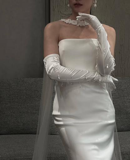 Simple White Strapless Mermaid Satin Long Wedding Dress P4890