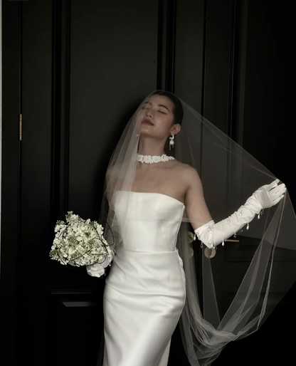 Simple White Strapless Mermaid Satin Long Wedding Dress P4890