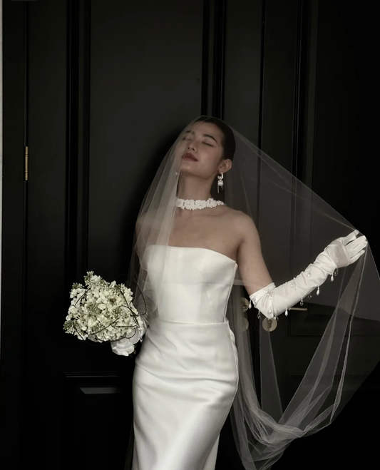 Simple White Strapless Mermaid Satin Long Wedding Dress P4890