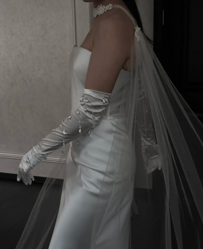 Simple White Strapless Mermaid Satin Long Wedding Dress P4890