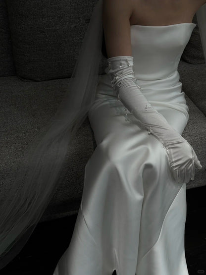 Simple White Strapless Mermaid Satin Long Wedding Dress P4890