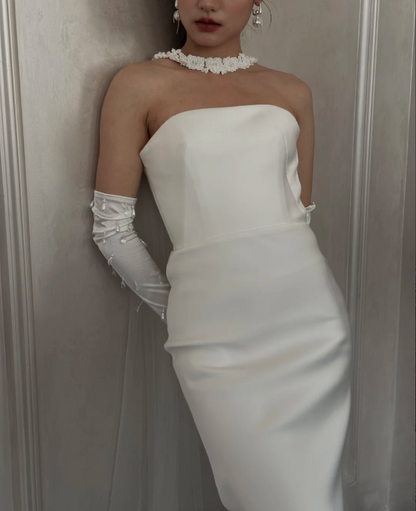 Simple White Strapless Mermaid Satin Long Wedding Dress P4890