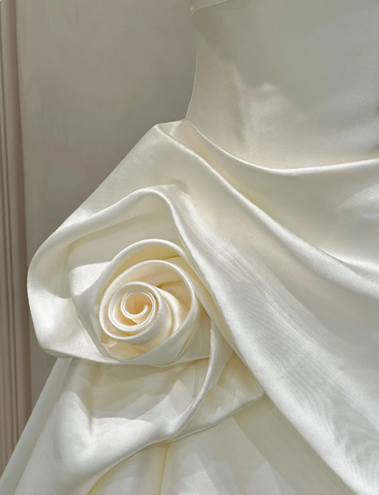 Elegant Ivory Strapless 3D Rose Train Satin Wedding Dress P4892