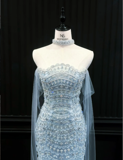 Luxuriöses eisblaues trägerloses Perlen-Tüll-Abschlussballkleid Abendkleid P4894