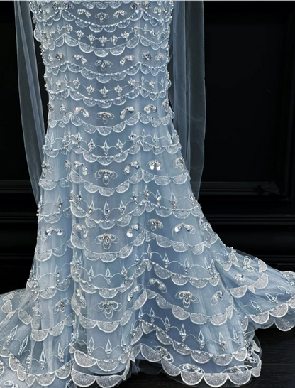 Luxuriöses eisblaues trägerloses Perlen-Tüll-Abschlussballkleid Abendkleid P4894