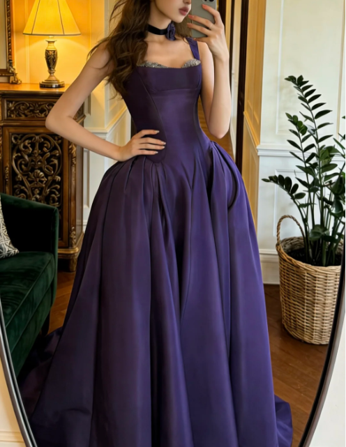 Vintage Dunkellila Träger A-Linie Satin Schleppe Ballkleid Abendkleid P4895