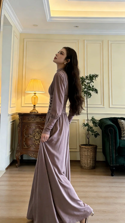 Elegantes staubiges Lila Stehkragen Langarm Tailliert Samt Langes Ballkleid Abendkleid P4897