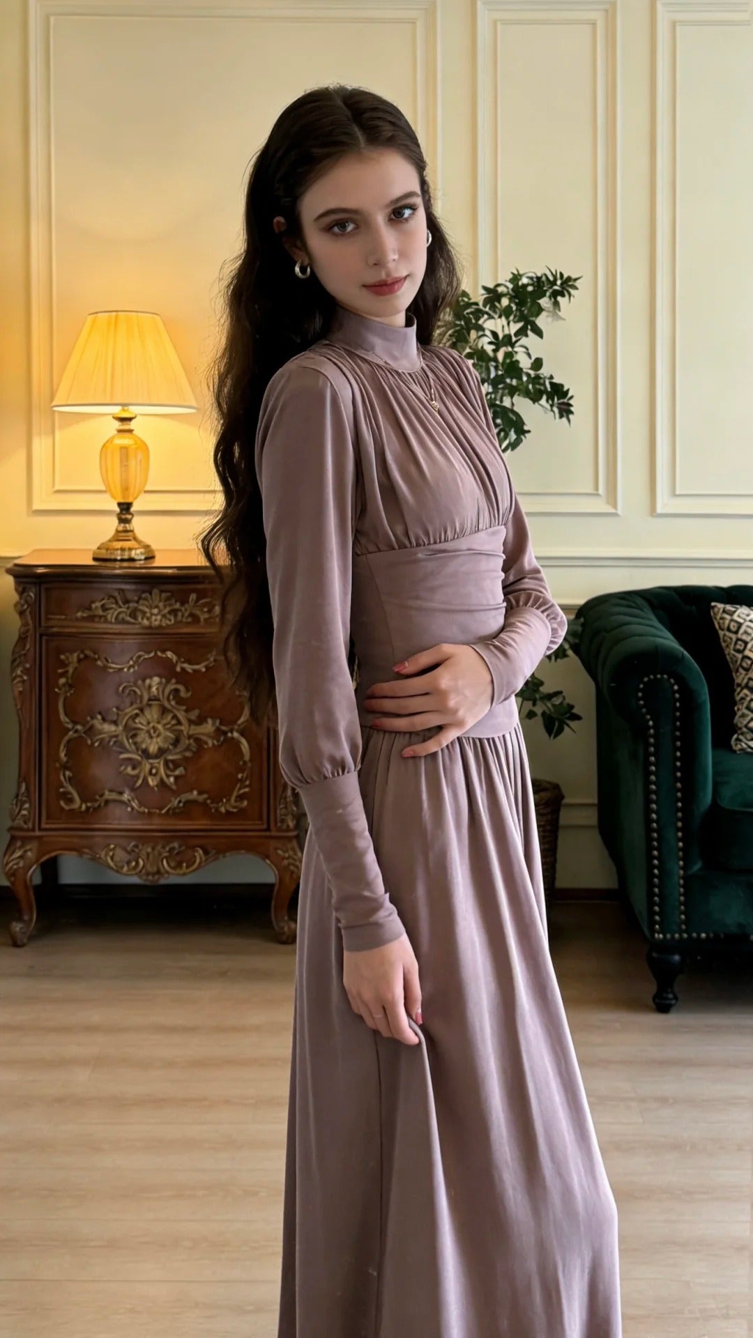 Elegantes staubiges Lila Stehkragen Langarm Tailliert Samt Langes Ballkleid Abendkleid P4897
