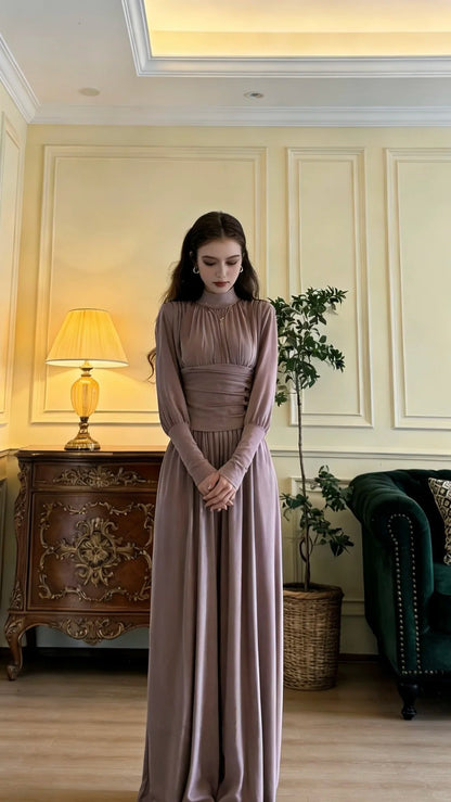 Elegantes staubiges Lila Stehkragen Langarm Tailliert Samt Langes Ballkleid Abendkleid P4897