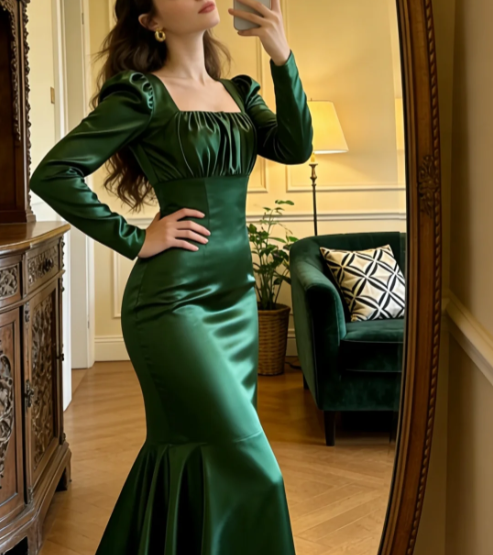 Vintage Dunkelgrünes Meerjungfrauen-Abendkleid aus Satin mit eckigem Ausschnitt und langen Ärmeln P4898