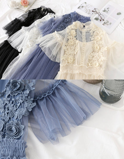Süßes A-Linien-Kleid aus Tüll mit Spitzenapplikationen, Sommerkleid P337