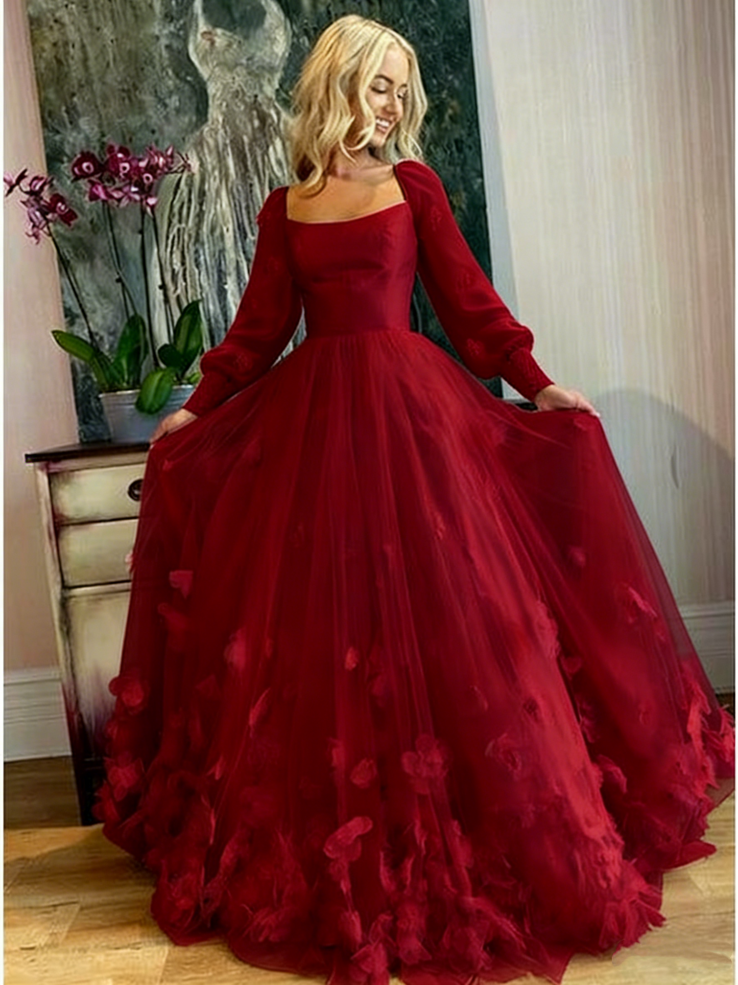 A-Linie Abschlussballkleider Maxikleid Bodenlang Lange Ärmel Tüll mit Applikationen Outfits zum 22. Geburtstag P649