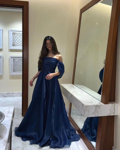 A line Strapless Navy Blue Long Prom Dress With Straps P1516