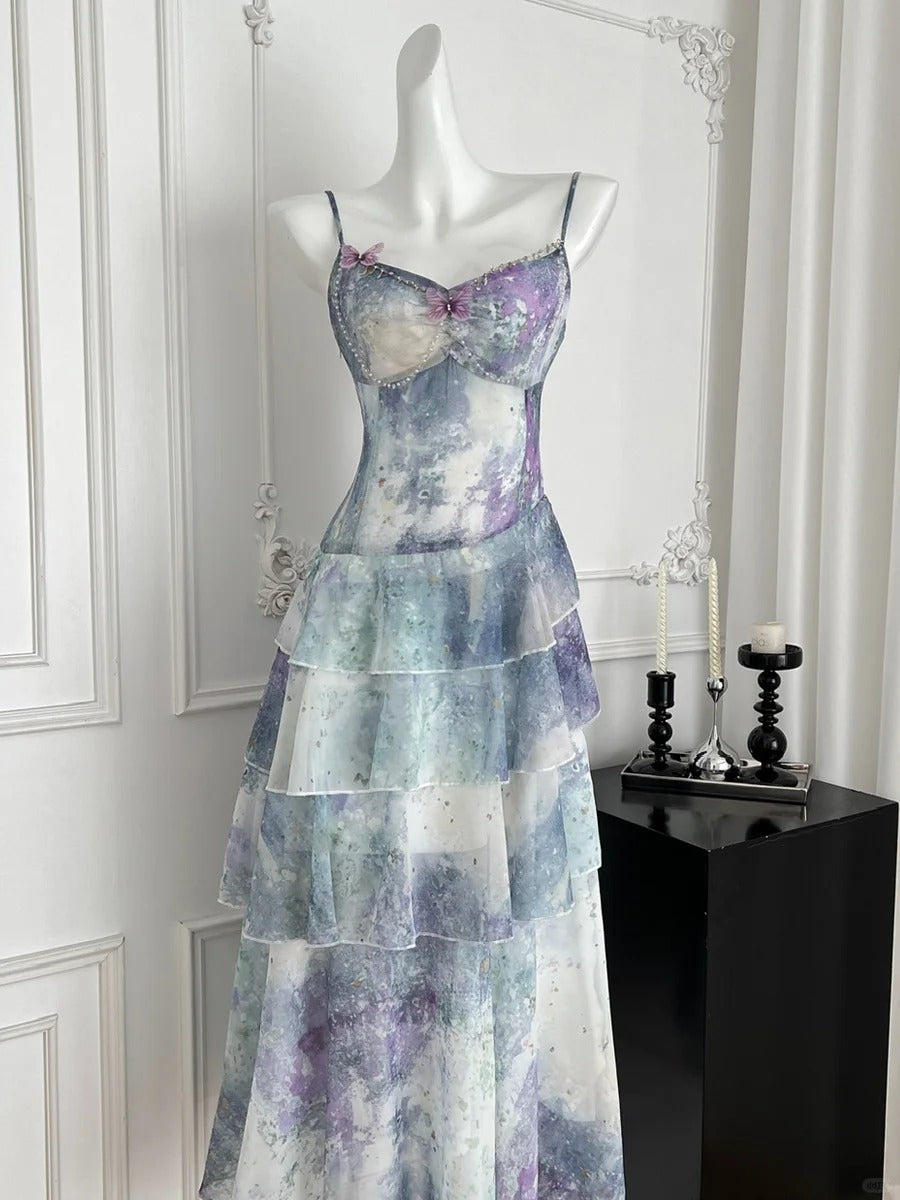 Dreamy Purple And Blue Gradient A-line Spaghetti Strap Cake Chiffon Long Prom Dress Evening Dress P4009