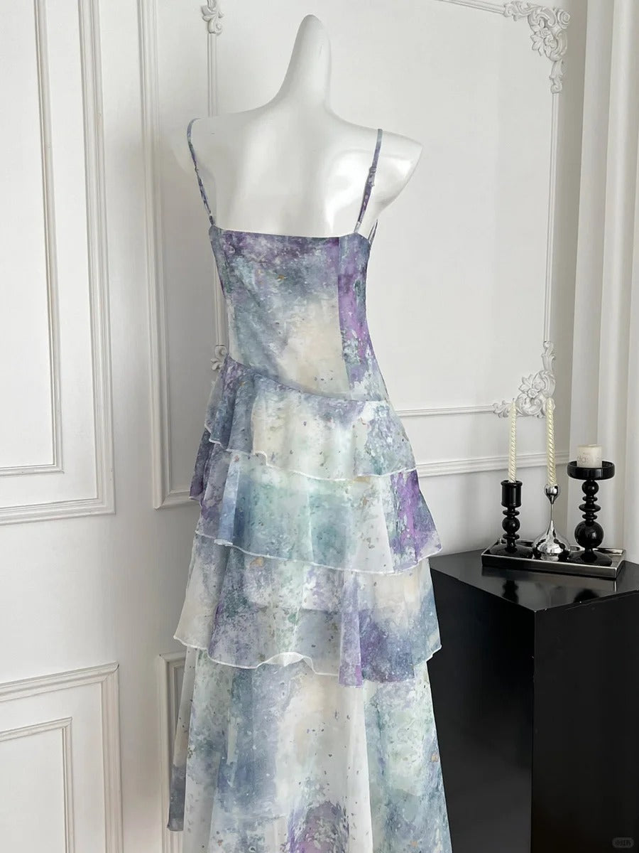 Dreamy Purple And Blue Gradient A-line Spaghetti Strap Cake Chiffon Long Prom Dress Evening Dress P4009