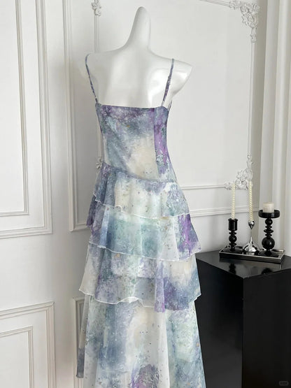 Verträumtes lila-blaues Ombre-A-Linien-Spaghettiträger-Kuchen-Chiffon-langes Ballkleid Abendkleid P4009