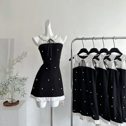 Süßes schwarzes Babydoll-Kleid mit Perlenkragen, Satin, A-Linie, für den 17. Geburtstag, Homecoming, P3997