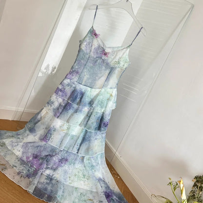 Verträumtes lila-blaues Ombre-A-Linien-Spaghettiträger-Kuchen-Chiffon-langes Ballkleid Abendkleid P4009