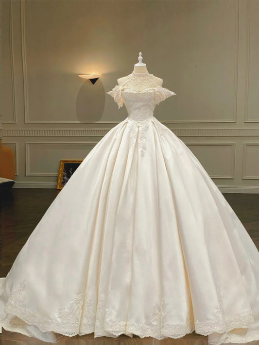 Vintage Palace Ivory Off-the-shoulder Lace Embroidered  Ball Gown Satin Wedding Dress P4090