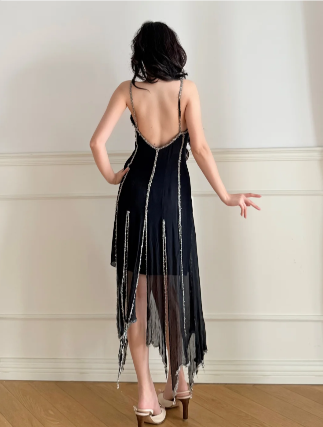 Vintage Schwarzes Spaghettiträger-Kleid mit V-Ausschnitt, rückenfrei, unregelmäßigem Saum, Chiffon, Ballkleid, Abendkleid P4901