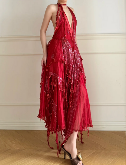 Atemberaubendes rotes Neckholder-rückenfreies Pailletten-Tüll-Abendkleid/Ballkleid mit unregelmäßigem Saum P4902