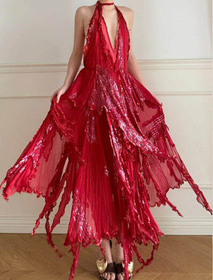 Atemberaubendes rotes Neckholder-rückenfreies Pailletten-Tüll-Abendkleid/Ballkleid mit unregelmäßigem Saum P4902