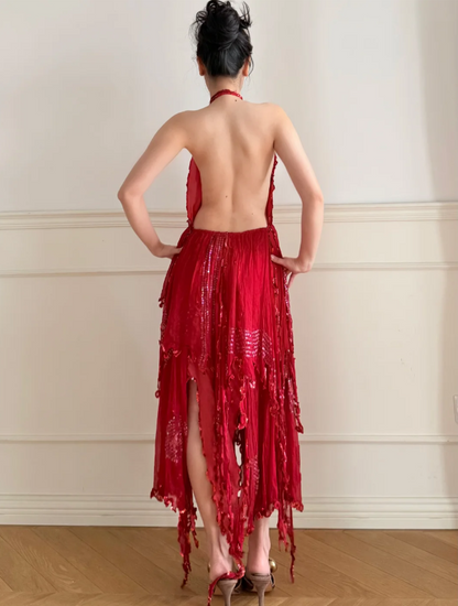 Atemberaubendes rotes Neckholder-rückenfreies Pailletten-Tüll-Abendkleid/Ballkleid mit unregelmäßigem Saum P4902