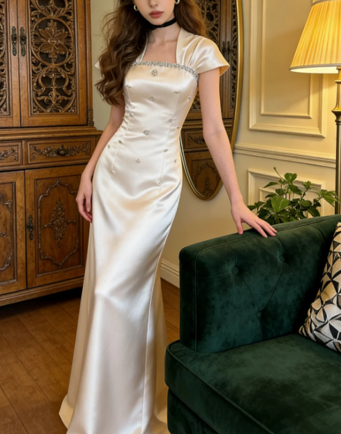 Elegantes elfenbeinfarbenes, quadratischer Ausschnitt A-Linie Perlen-Satin langes Ballkleid Abendkleid P4903