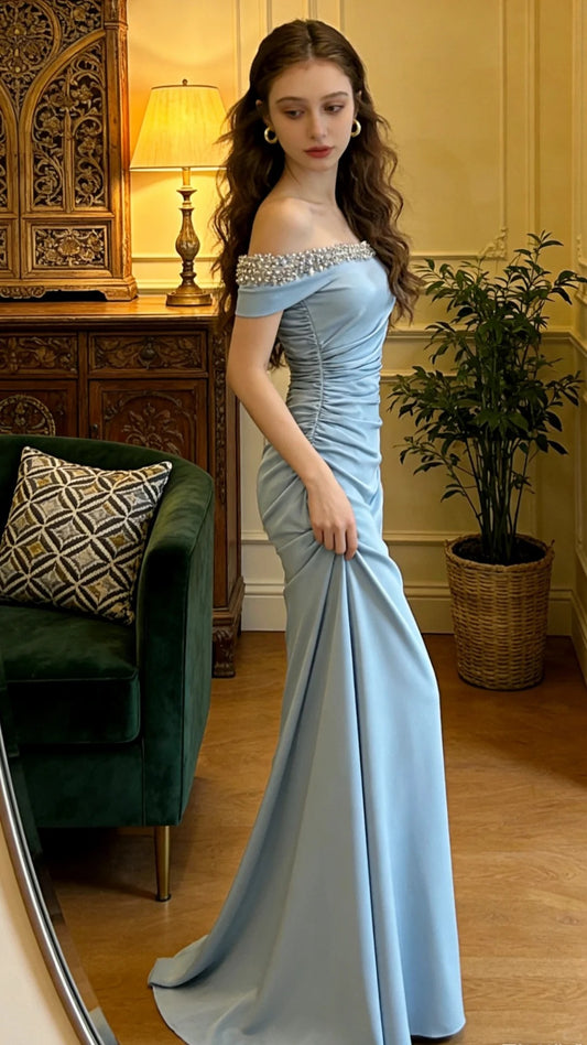 Belle Robe de Soirée de Bal Longue Sirène en Satin Perlé Épaules Dénudées Bleu Magnifique P4904