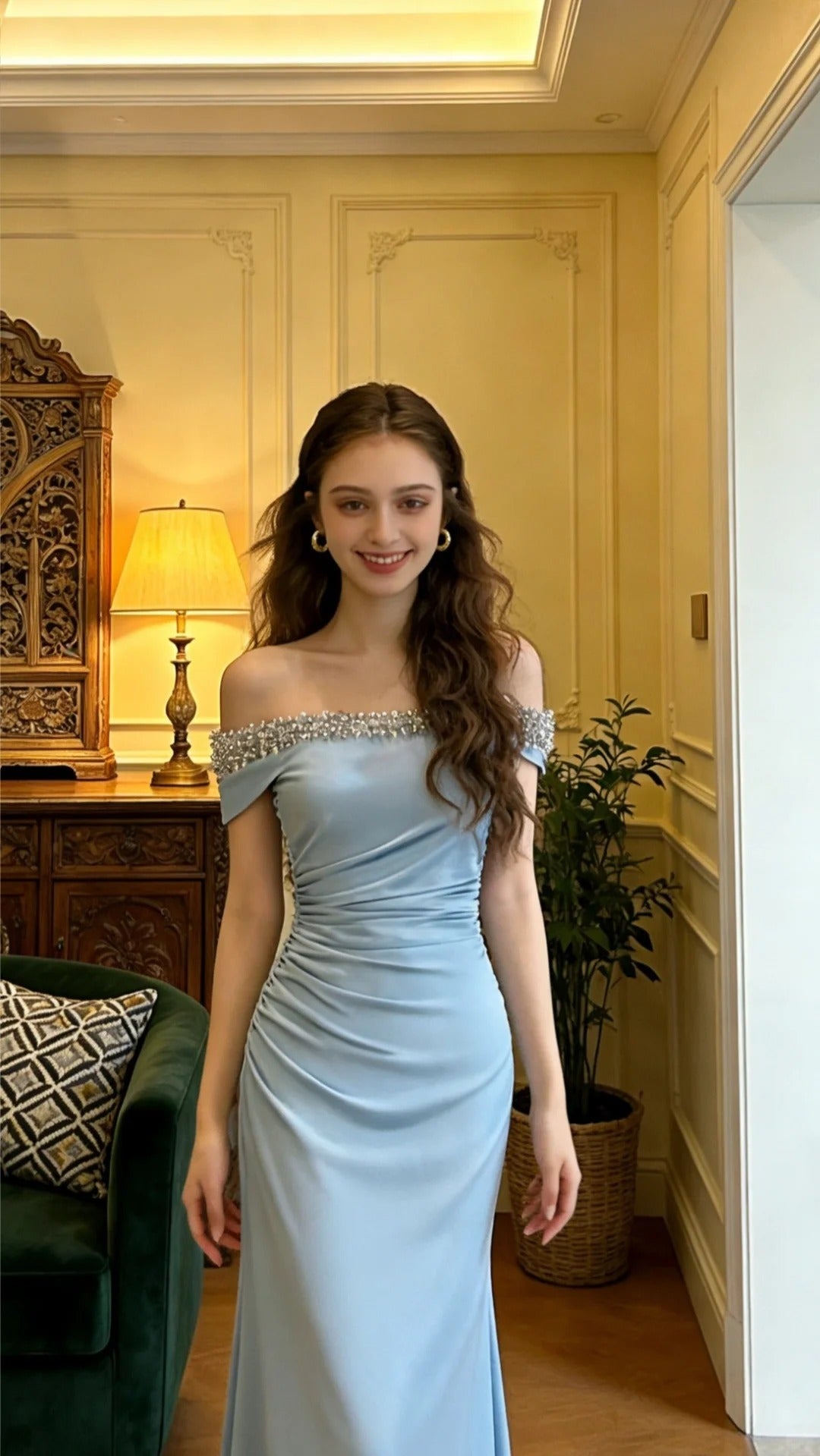 Wunderschönes blaues schulterfreies Meerjungfrauen-Abendkleid aus Satin mit Perlen P4904