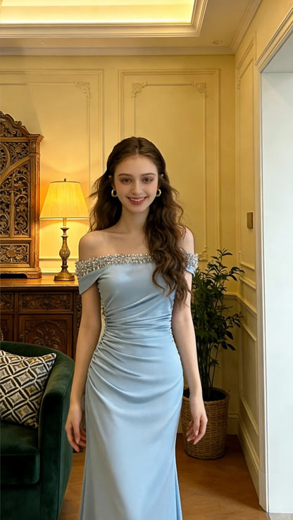 Wunderschönes blaues schulterfreies Meerjungfrauen-Abendkleid aus Satin mit Perlen P4904