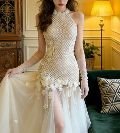 Vintage Elfenbein Neckholder Stehkragen 3D-Blumen Mesh Tüll Schleppe Ballkleid Abendkleid P4905