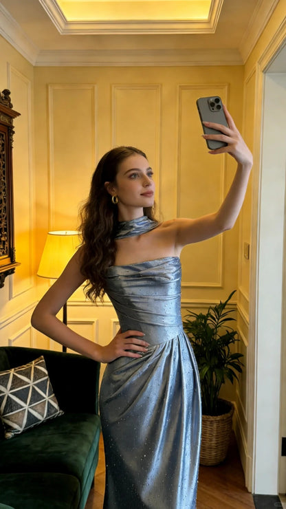 Elegantes silbergraues Meerjungfrau-Abendkleid aus gerafftem Strass-Satin, langes Ballkleid P4906