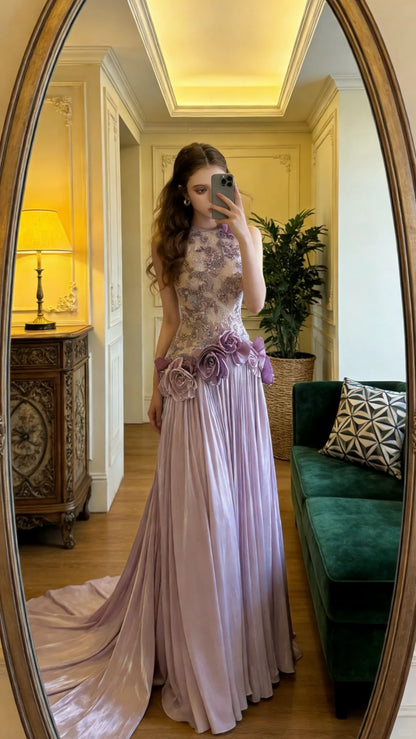 Prinzessin Lila Neckholder Ärmellos 3D Rose Perlen Spitze Chiffon Schleppe Ballkleid Abendkleid P4908
