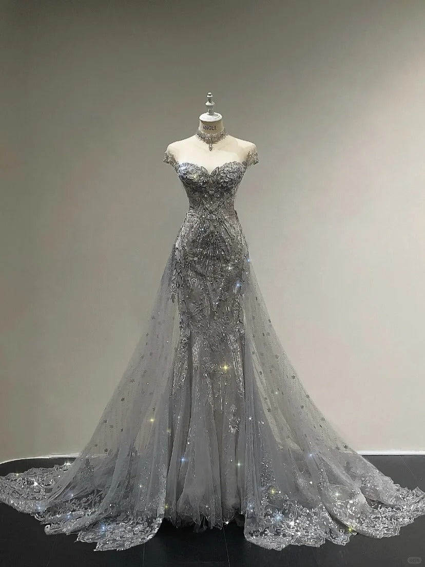 Luxurious And Sparkling Silver Mermaid Off-shoulder Beaded Train Wedding Dress P4091