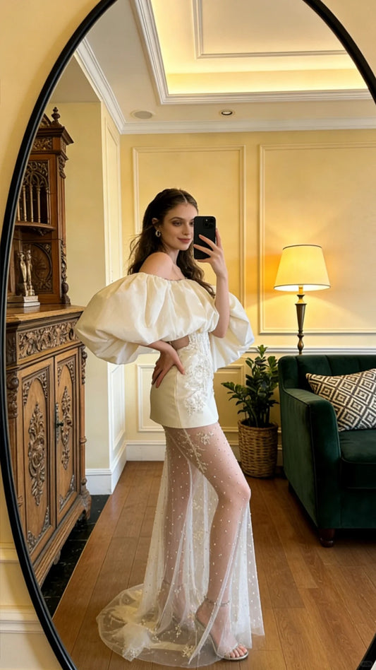 Magnifique Robe de Bal de Soirée Épaule Dénudée en Satin et Tulle avec Manches Bouffantes et Traîne Ivoire P4911