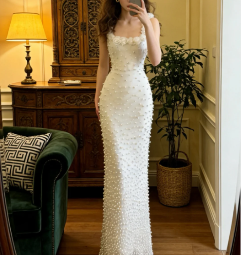 Elegantes elfenbeinfarbenes Meerjungfrauen-Abendkleid mit Spaghettiträgern, eckigem Ausschnitt, 3D-Rosen und Perlen aus Satin, langes Ballkleid P4912