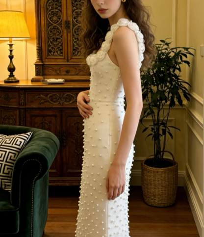 Elegantes elfenbeinfarbenes Meerjungfrauen-Abendkleid mit Spaghettiträgern, eckigem Ausschnitt, 3D-Rosen und Perlen aus Satin, langes Ballkleid P4912