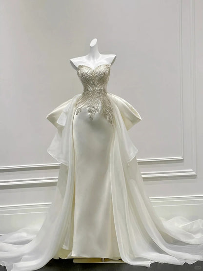 Elegant Ivory Mermaid Strapless Beaded Satin Wedding Dress with Train P4093
