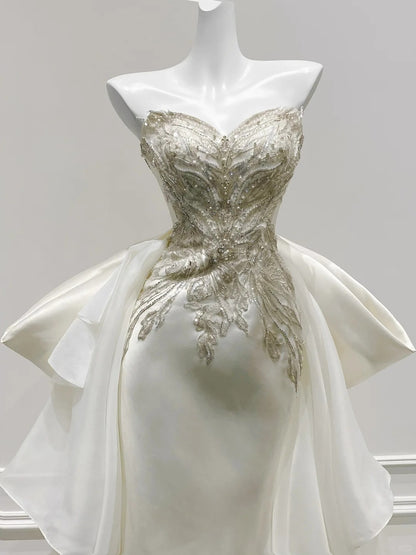 Elegant Ivory Mermaid Strapless Beaded Satin Wedding Dress with Train P4093