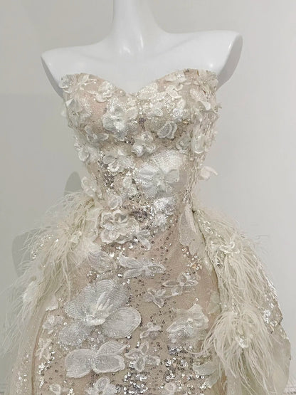 Gorgeous Champagne Gold Mermaid Strapless Sequined 3D Flower Tulle Wedding Dress with Train P4094