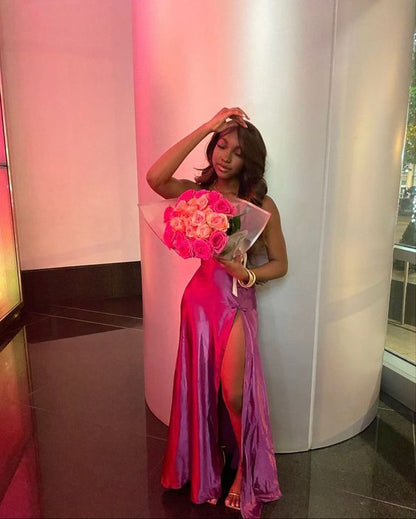 Wunderschönes pinkes Meerjungfrauen-Ballkleid mit Schlitz vorne für Geburtstagsoutfits P374