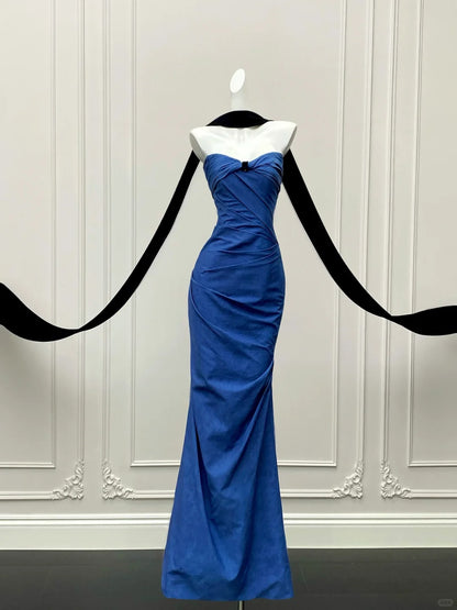 Elegantes königsblaues Meerjungfrauen-Trägerlos-Plissee langes Ballkleid Abendkleid P4096