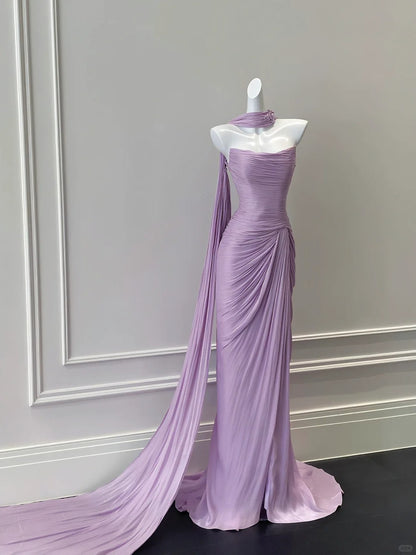 Elegantes, figurbetontes, trägerloses, plissiertes Satin-Ballkleid Abendkleid P4097 in Lila