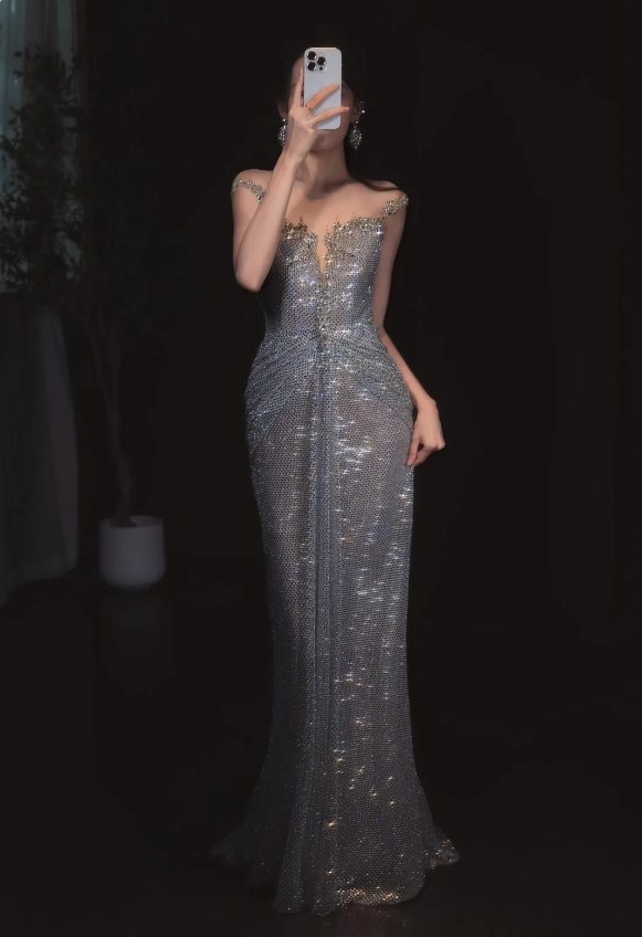 Glitzerndes silbergraues Meerjungfrauen Pailletten langes Ballkleid Abendkleid P4098