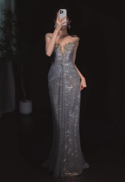 Glitzerndes silbergraues Meerjungfrauen Pailletten langes Ballkleid Abendkleid P4098